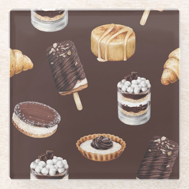 Delicious Desserts: Food Sketch Pattern Glass Coaster (Front)