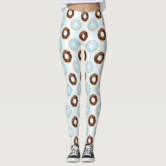 Delicious Doughnuts Blue Stripes Pattern Leggings (Front)
