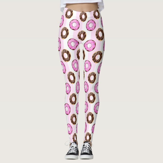 Delicious Doughnuts Pink Stripes Pattern Leggings (Front)