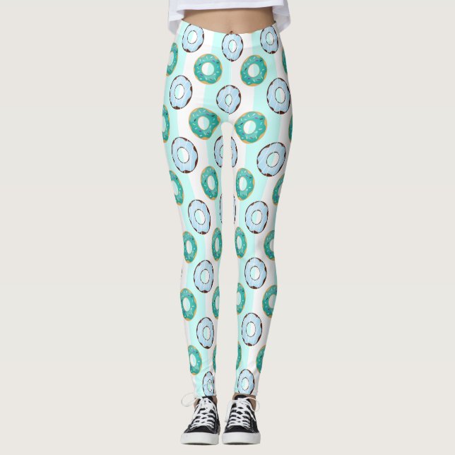 Delicious Doughnuts Turquoise Stripes Pattern Leggings (Front)