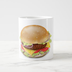 Delicious hamburger or cheeseburger. large coffee mug