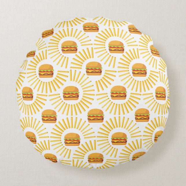 Delicious hamburger with fries round cushion (Front)