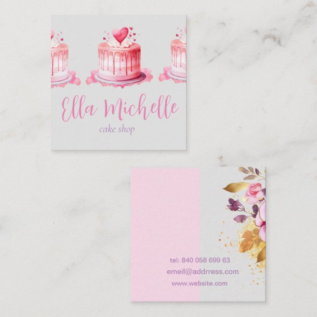 delicious pink cake square business card (Front/Back)