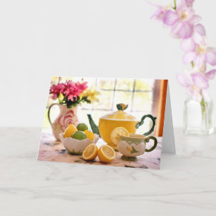 Delicious Tea Party Pink Flowers And Lemon Drink Card