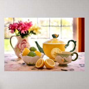 Delicious Tea Party Pink Flowers And Lemon Drink Poster
