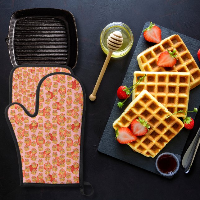 Delicious waffles and fruit pink oven mitt & pot holder set (Creator Uploaded)