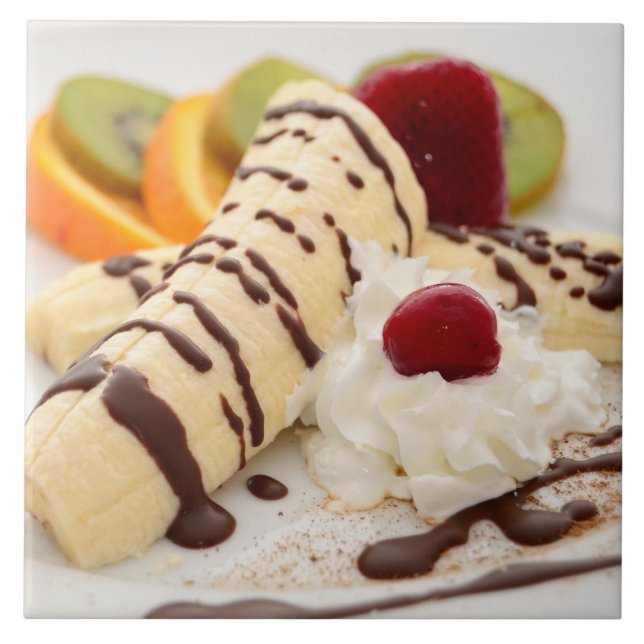 Delicious Whipped Cream and Banana Dessert Ceramic Tile (Front)