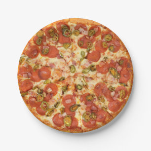 delicious whole pizza pepperoni jalapeno photo paper plate