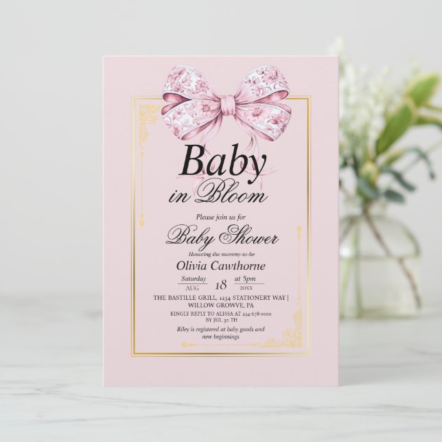 Delight Gold Pink Bow Floral Baby Shower  Invitation (Standing Front)