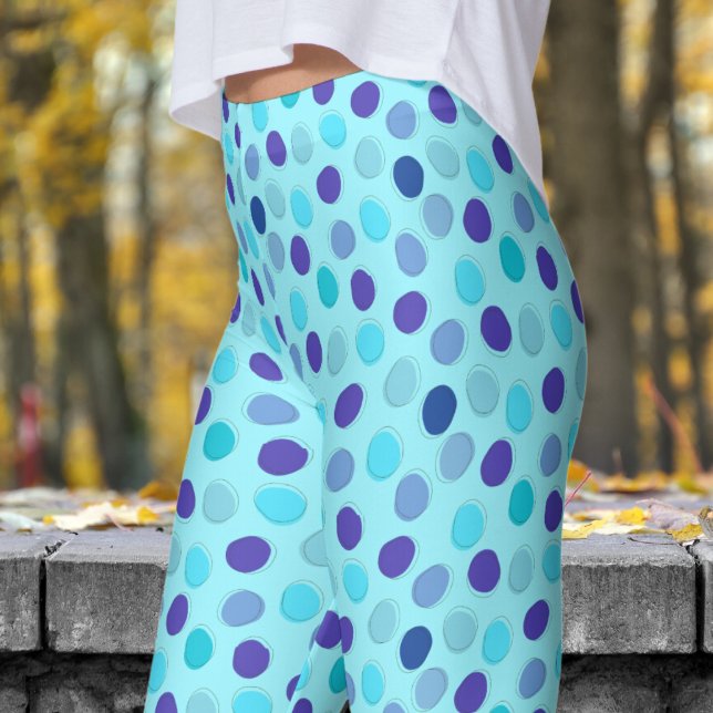 Delightful Blue and Cadet Blue Polka Dot Pattern Leggings (Blues on Cadet Blue Leggings)