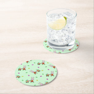 Delightful bunnies carrying Easter eggs Round Paper Coaster