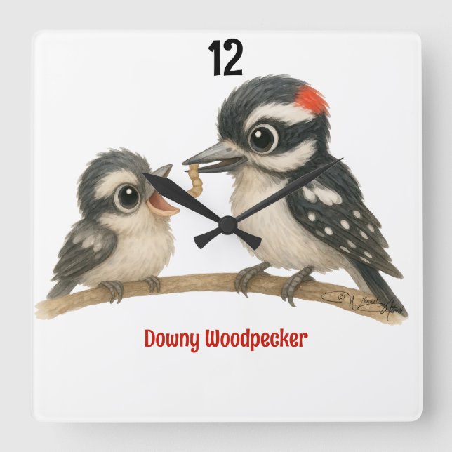 Delightful Downy Woodpecker Square Wall Clock (Front)
