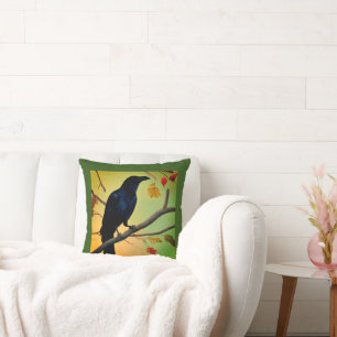 Delightful Fun Raven Perched On Branch Throw Pillo Cushion