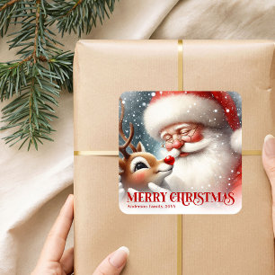 Delightful Personalized Santa and Rudolph Holiday  Square Sticker