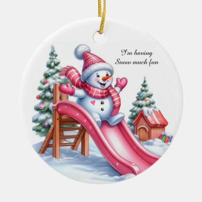 Delightful Pink Snowman Playground Fun Ceramic Ornament (Front)