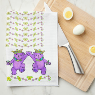 Delightful Purple Royal Teddy Bear Dance Line Tea Towel