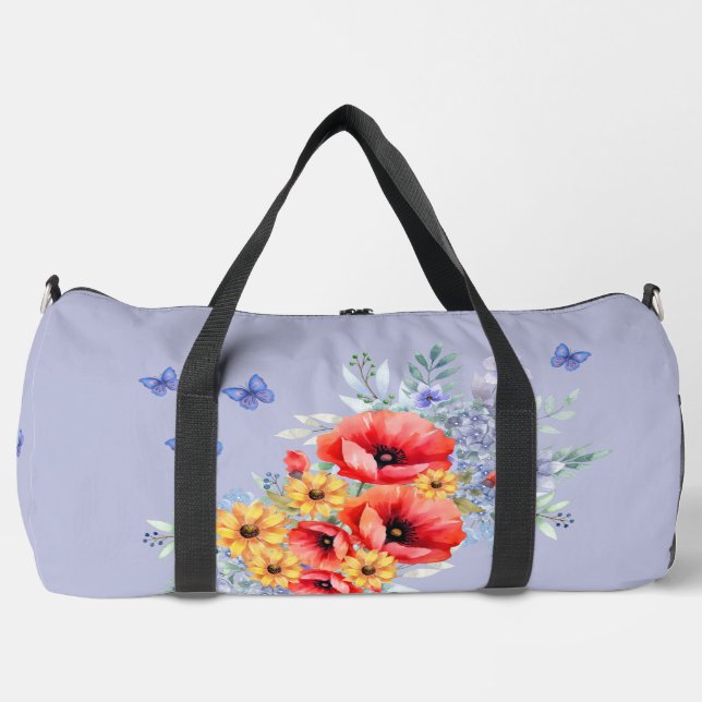 Delightful Red Poppies, Sunflowers & Butterflies Duffle Bag (Front)