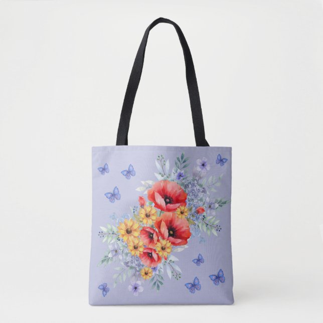 Delightful Red Poppies, Sunflowers & Butterflies  Tote Bag (Front)