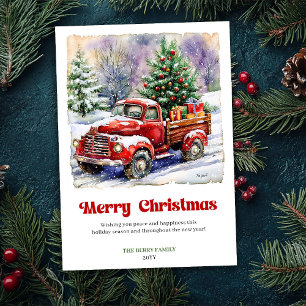Delightful Rustic Red Truck Winter Scene Holiday  Card