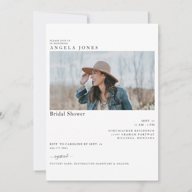 Delightful White Modern Bride Photo Bridal Shower Invitation (Front)