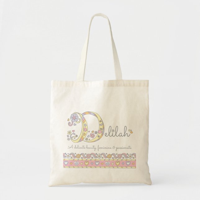 Delilah baby girls name meaning monogram hearts tote bag (Front)