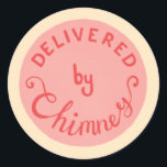 Delivered by Chimney retro pink Christmas sticker<br><div class="desc">This sticker features festive hand lettering that says “delivered by chimney” in red text on a pink background. This would be perfect for a Christmas card envelope seal or to decorate your Christmas gifts to look like they have been delivered by North Pole airmail.</div>