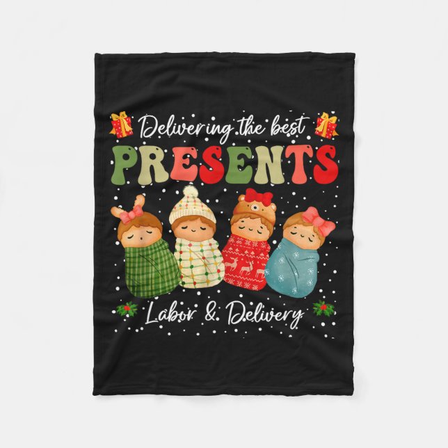 Delivering The Baby Labor Delivery Nurse Christmas Fleece Blanket (Front)