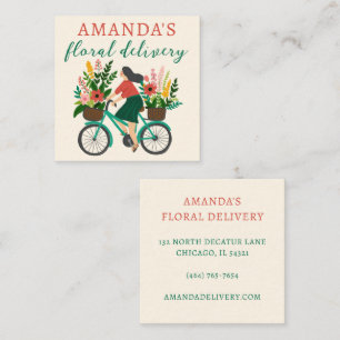 DELIVERY Cute Girl Riding Bicycle w Flowers  Square Business Card