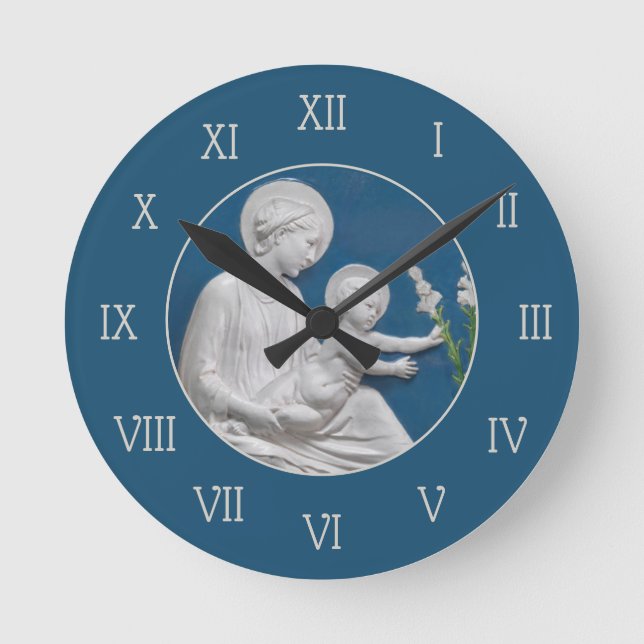 Della Robbia Madonna Child and Lilies Blue White Round Clock (Front)
