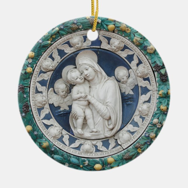 Della Robbia Madonna Child Cherubs Garland Blue Ceramic Ornament (Front)