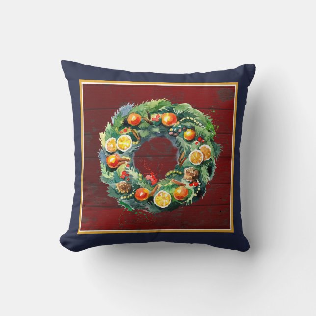 Della Robbia Wreath on Rustic Barn Board Cushion (Front)