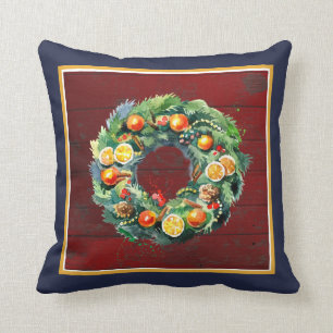 Della Robbia Wreath on Rustic Barn Board Cushion