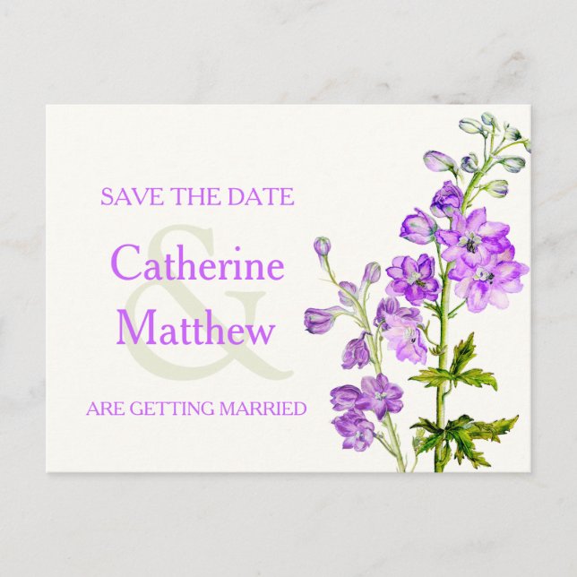 Delphinium art purple flower save the date card (Front)