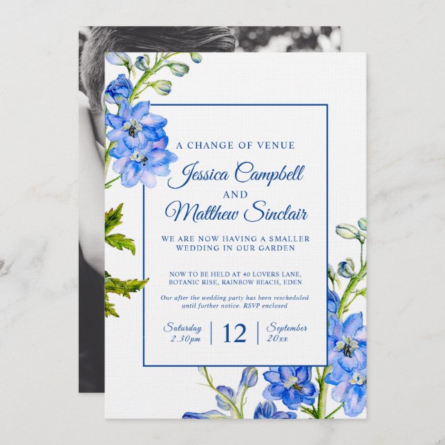 Delphinium blue flowers change of venue wedding invitation (Front/Back)