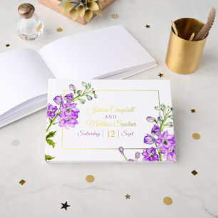 Delphinium floral purple watercolor wedding gold guest book