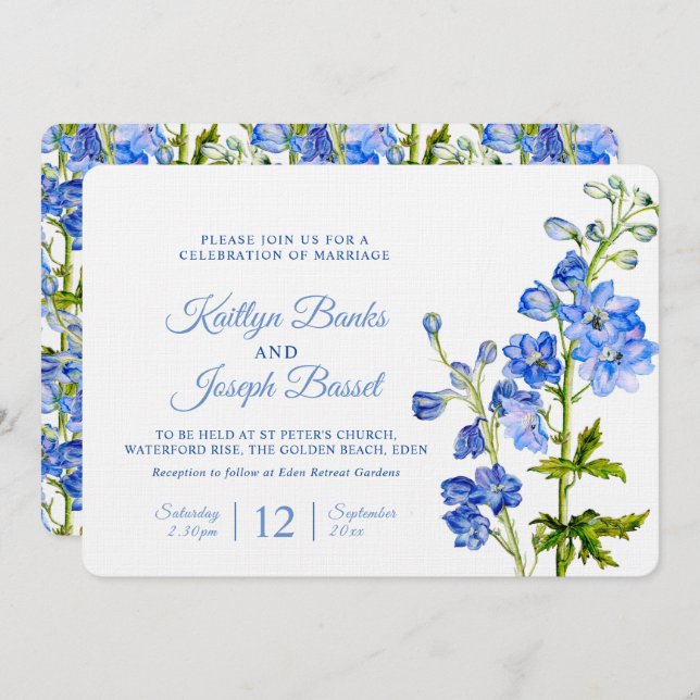 Delphinium flowers blue watercolor art wedding invitation (Front/Back)