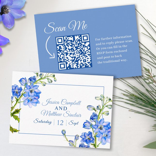 Delphinium flowers blue watercolor wedding QR code Enclosure Card (Creator Uploaded)