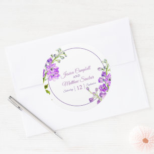 Delphinium flowers purple watercolor art wedding classic round sticker