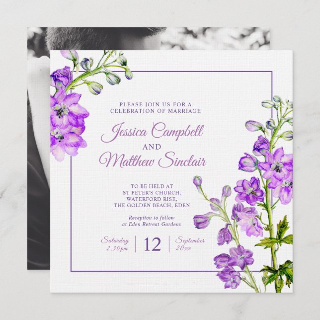 Delphinium flowers purple watercolor art wedding invitation (Front/Back)