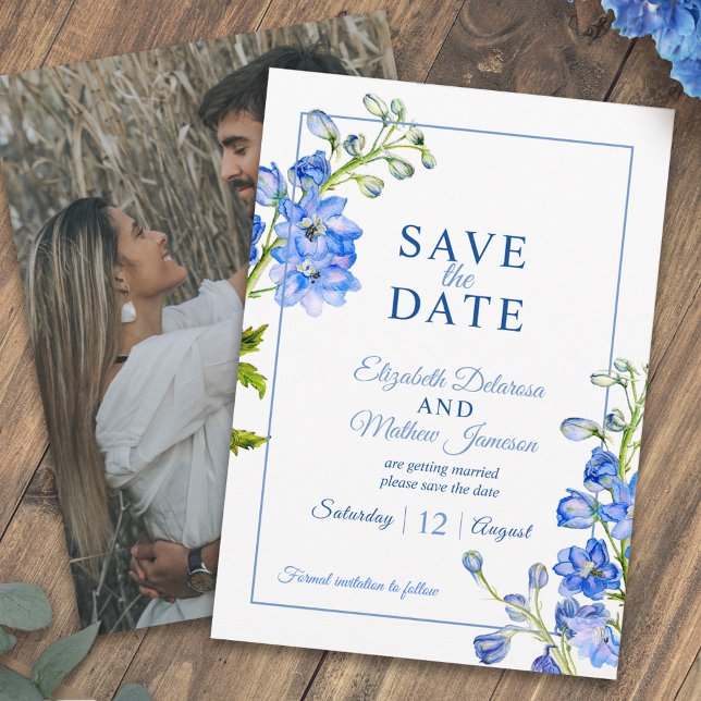 Delphinium painted blue flower photo wedding save the date (Creator Uploaded)