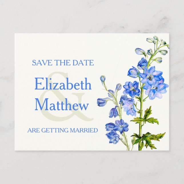 Delphinium painted blue flower save the date card (Front)