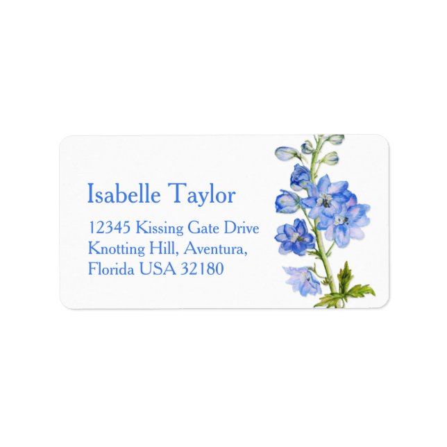 Delphinium painted blue wedding address label (Front)