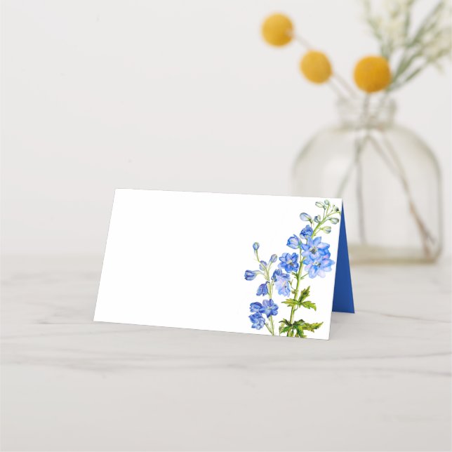 Delphinium painted blue wedding guest place cards (Front)
