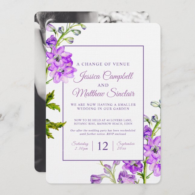 Delphinium purple flowers change of venue wedding invitation (Front/Back)