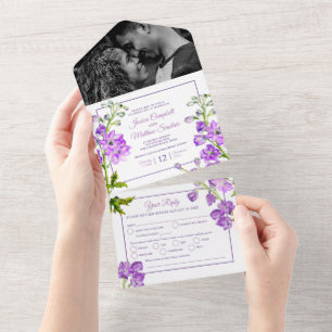 Delphinium purple flowers watercolor wedding all in one invitation