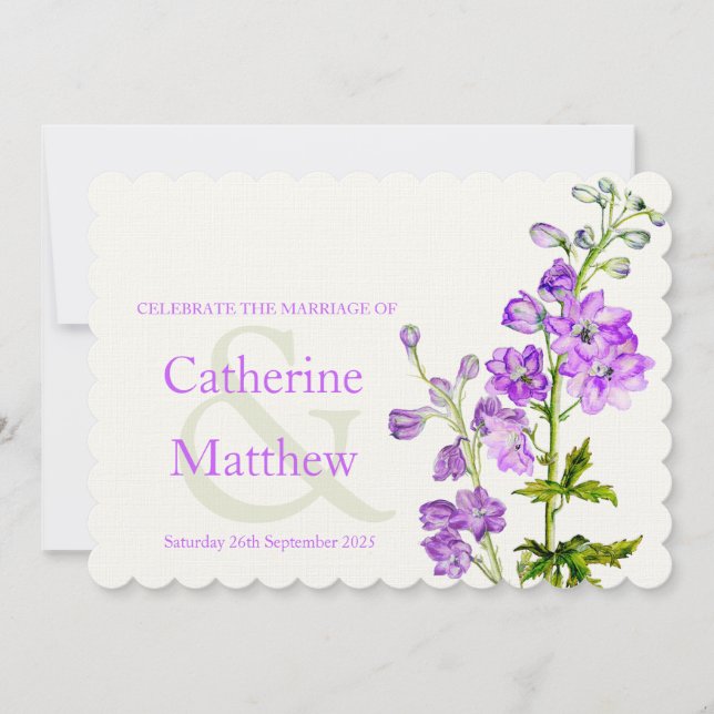 Delphinium purple watercolor wedding invite (Front)