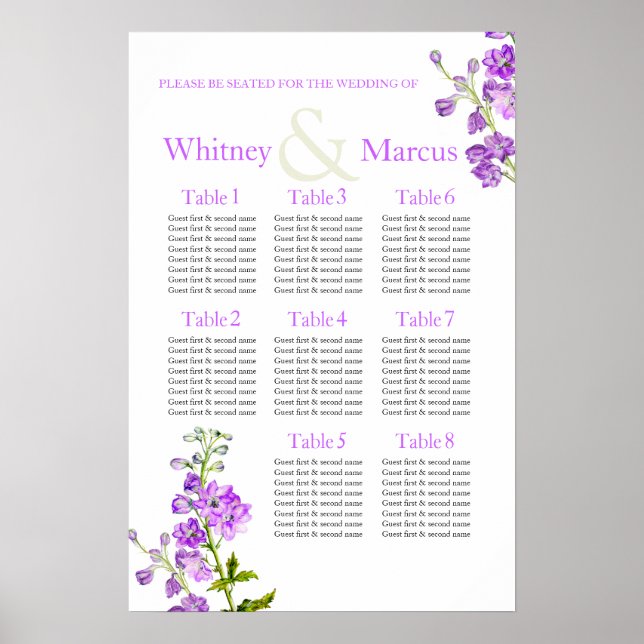 Delphinium purple Wedding Seating Table Planner Poster (Front)
