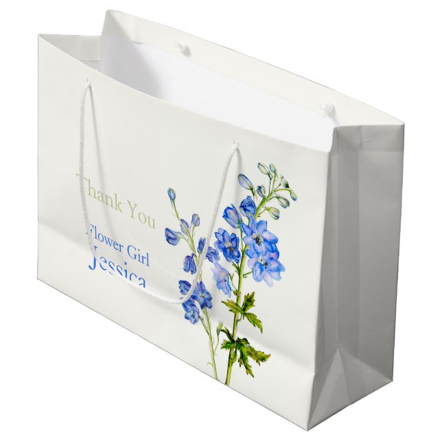 Delphinium wedding blue flower girl favour gift ba large gift bag (Front Angled)