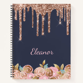 Deluxe Dark Blue Glitter & Rose Personalized Notebook