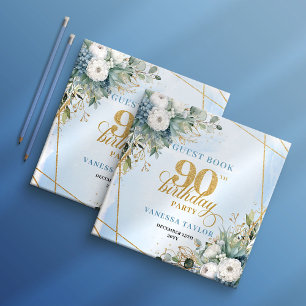 Deluxe Dusty Blue Gold 90th Birthday Guest Record Book